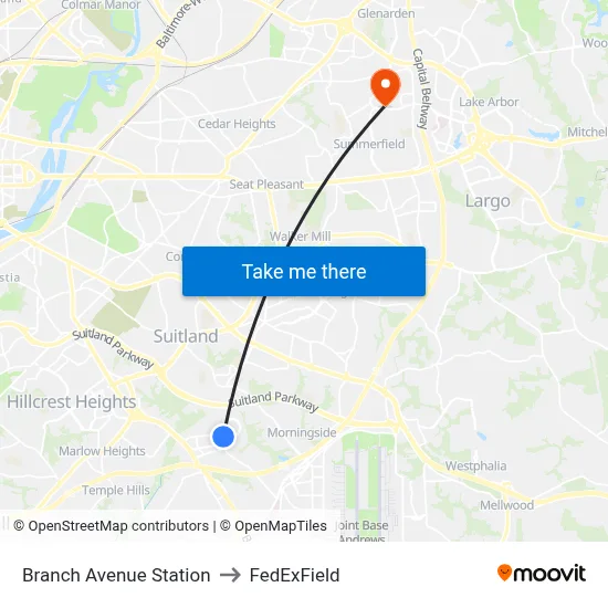 Branch Avenue Station to FedExField map