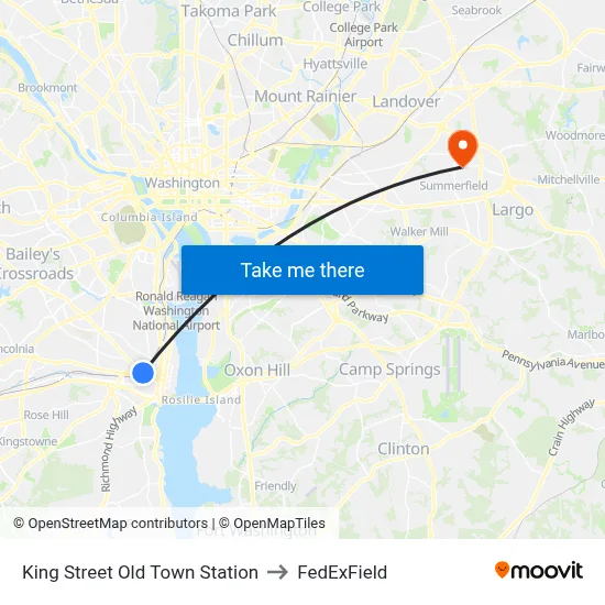 King Street Old Town Station to FedExField map