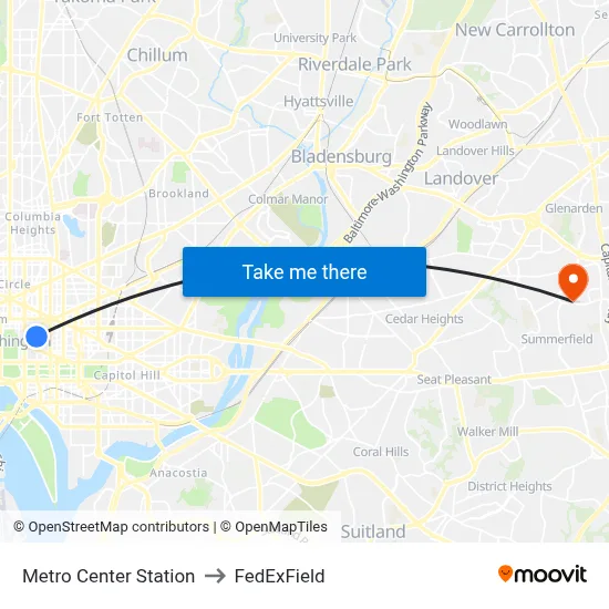 Metro Center Station to FedExField map
