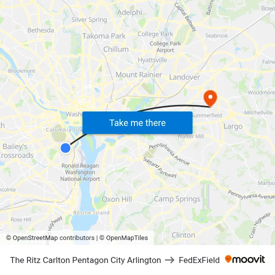 The Ritz Carlton Pentagon City Arlington to FedExField map