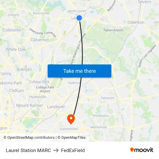Laurel Station MARC to FedExField map