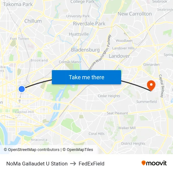 NoMa Gallaudet U Station to FedExField map