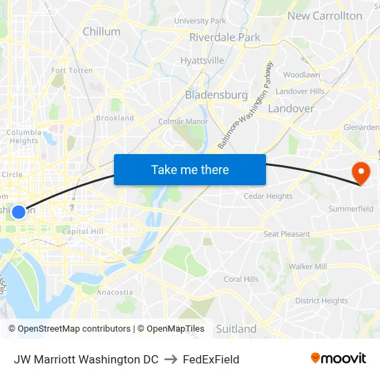 JW Marriott Washington DC to FedExField map