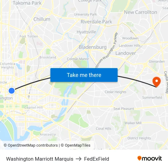 Washington Marriott Marquis to FedExField map