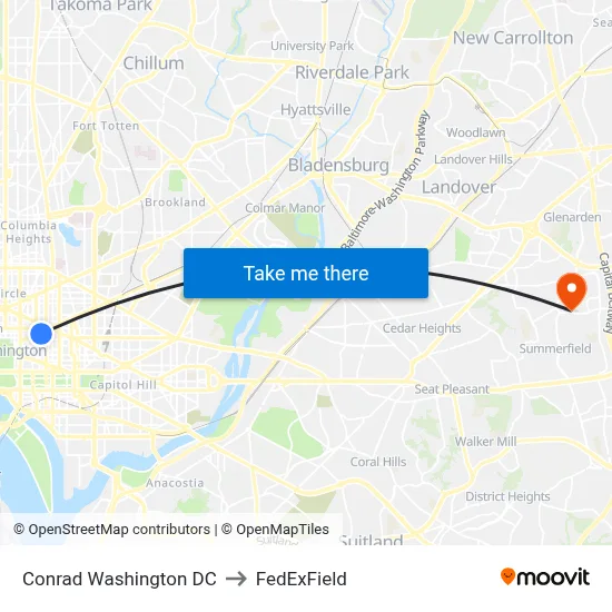 Conrad Washington DC to FedExField map