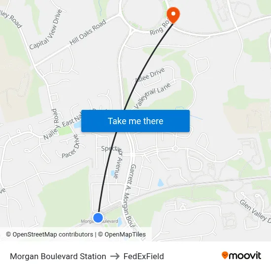 Morgan Boulevard Station to FedExField map