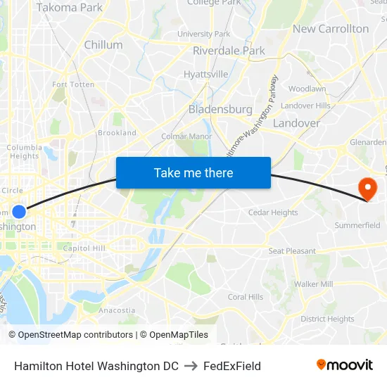 Hamilton Hotel Washington DC to FedExField map