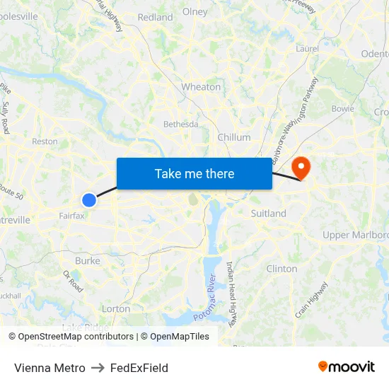 Vienna Metro to FedExField map