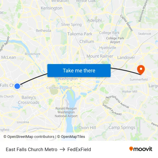 East Falls Church Metro to FedExField map