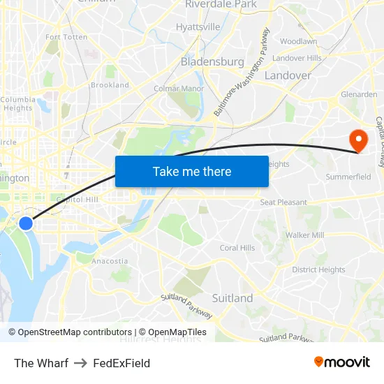 The Wharf to FedExField map