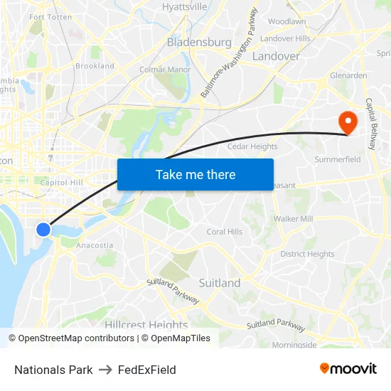 Nationals Park to FedExField map