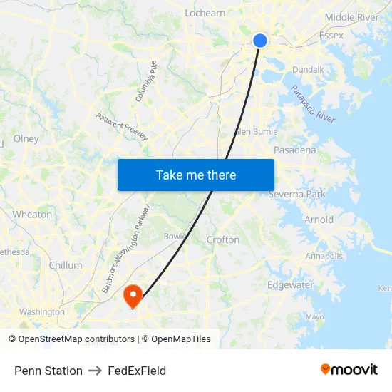 Penn Station to FedExField map