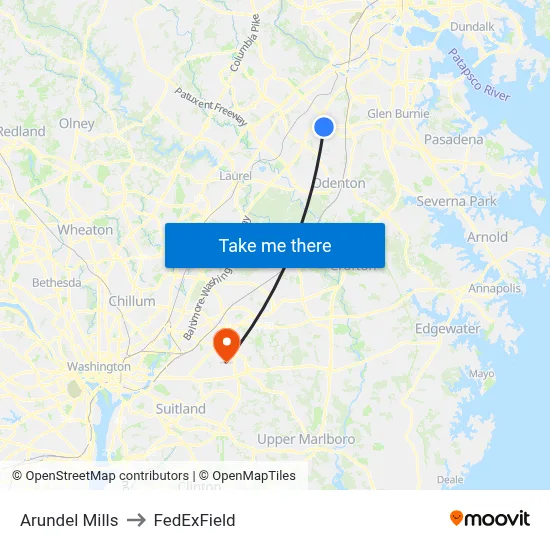 Arundel Mills to FedExField map