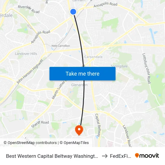 Best Western Capital Beltway Washington Dc to FedExField map