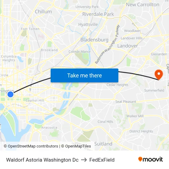 Waldorf Astoria Washington Dc to FedExField map