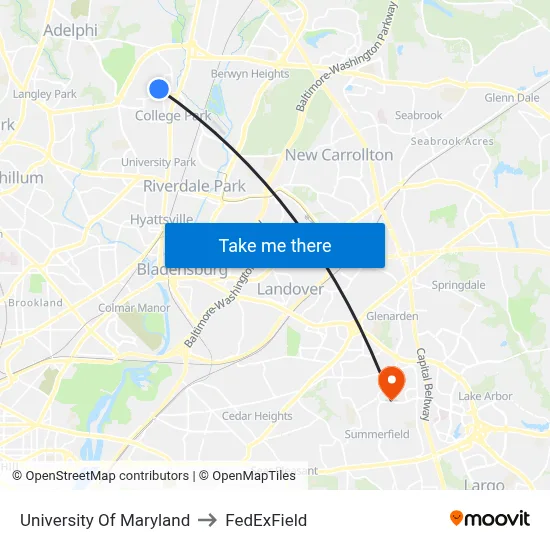 University Of Maryland to FedExField map