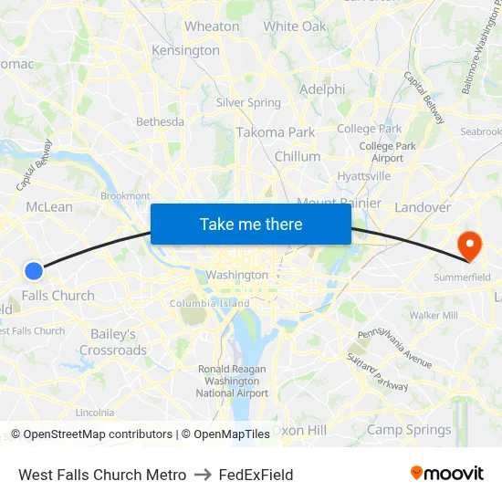 West Falls Church Metro to FedExField map