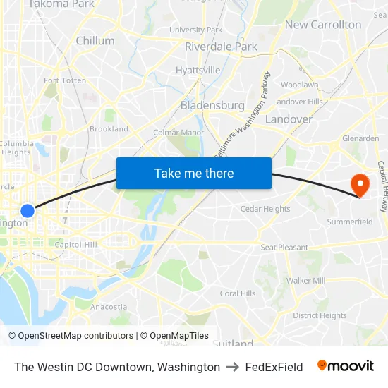The Westin DC Downtown, Washington to FedExField map