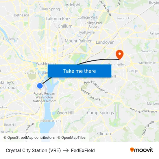 Crystal City Station (VRE) to FedExField map