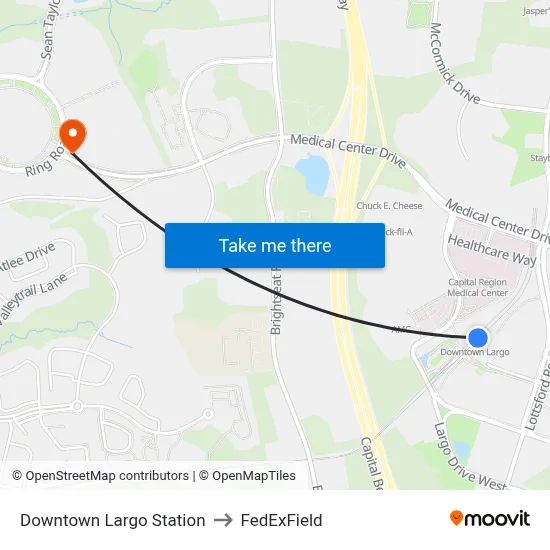 Downtown Largo Station to FedExField map