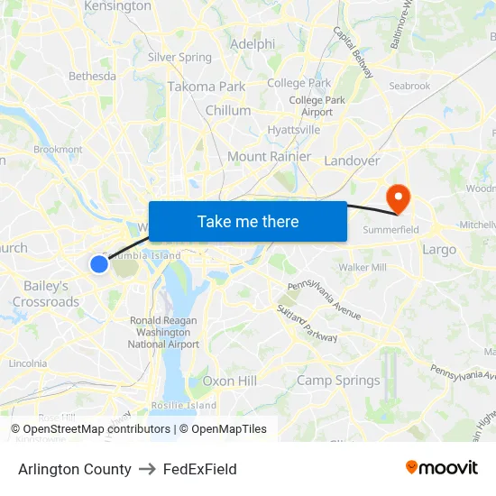 Arlington County to FedExField map