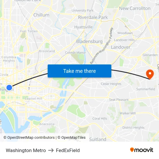 Washington Metro to FedExField map