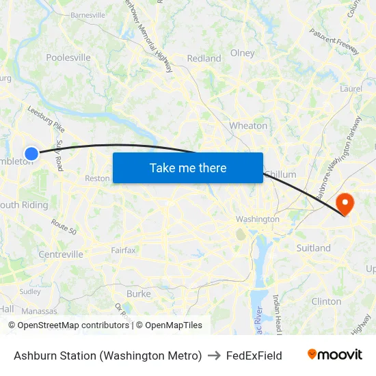 Ashburn Station (Washington Metro) to FedExField map
