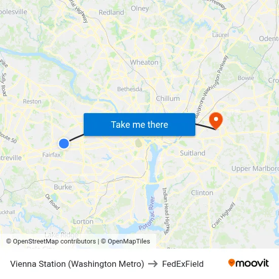 Vienna Station (Washington Metro) to FedExField map