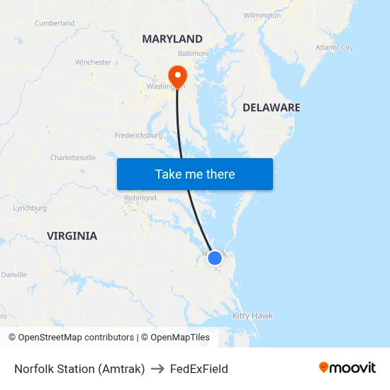 Norfolk Station (Amtrak) to FedExField map