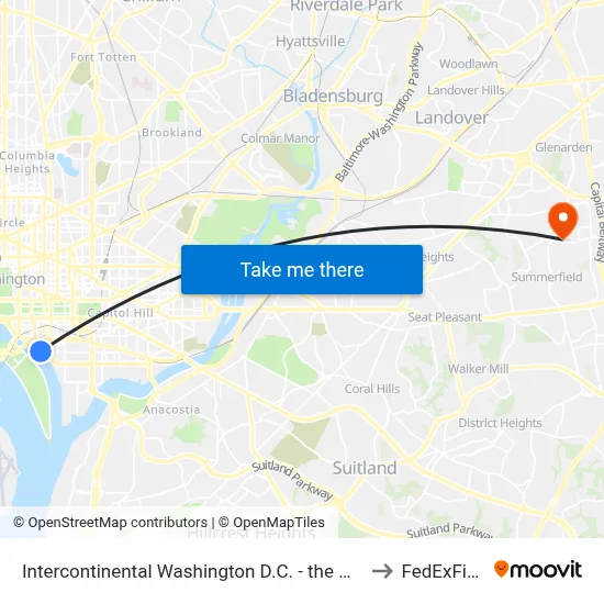 Intercontinental Hotel to FedExField map