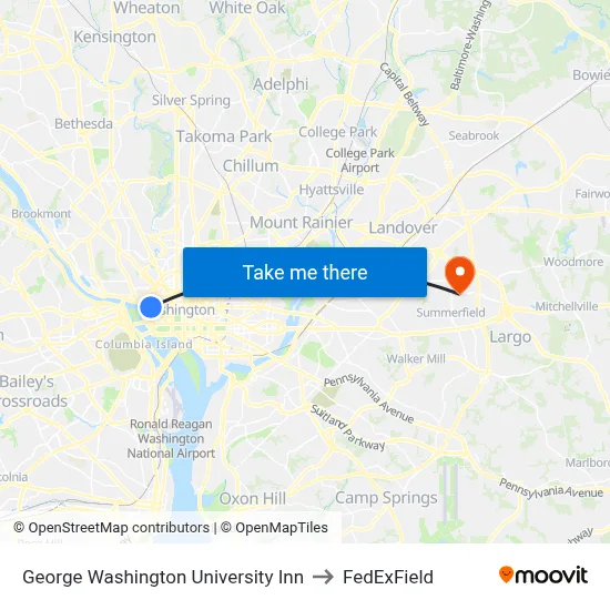 George Washington University Inn to FedExField map