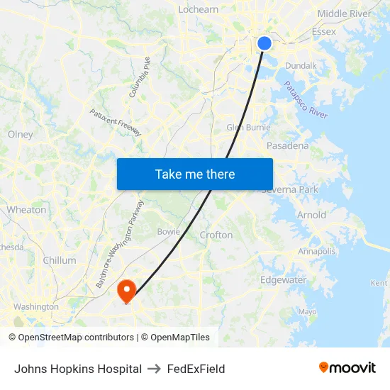 Johns Hopkins Hospital to FedExField map