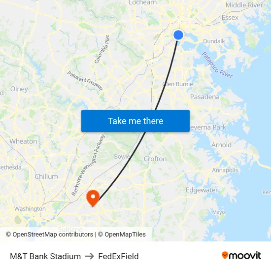 M&T Bank Stadium to FedExField map