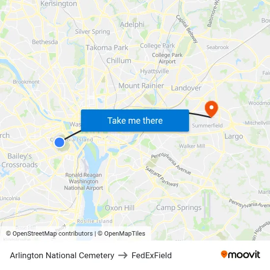 Arlington National Cemetery to FedExField map
