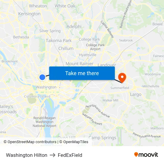 Washington Hilton to FedExField map