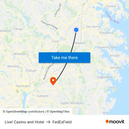 Live! Casino and Hotel to FedExField map