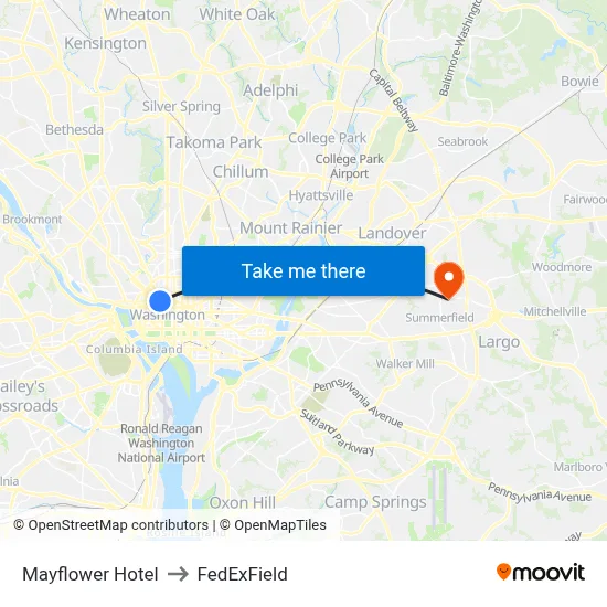 Mayflower Hotel to FedExField map