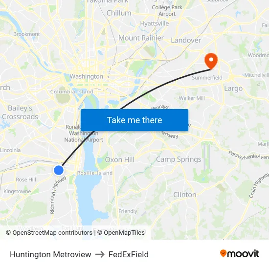 Huntington Metroview, Alexandria, VA 22303 to FedExField map