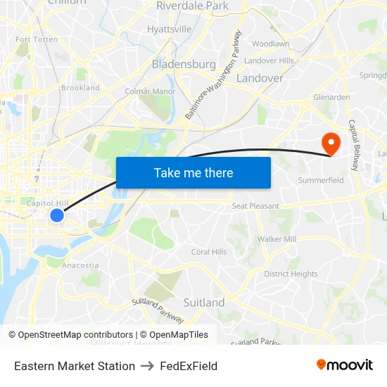 Eastern Market Station, Eastern Market Station, 701 Pennsylvania Ave SE, Washington, DC 20003, USA to FedExField map