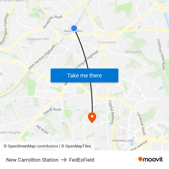 New Carrollton Station to FedExField map