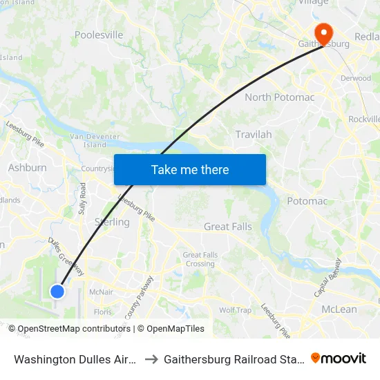 Washington Dulles Airport to Gaithersburg Railroad Station map