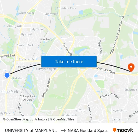 UNIVERSITY of MARYLAND COLLEGE PARK to NASA Goddard Space Flight Center map