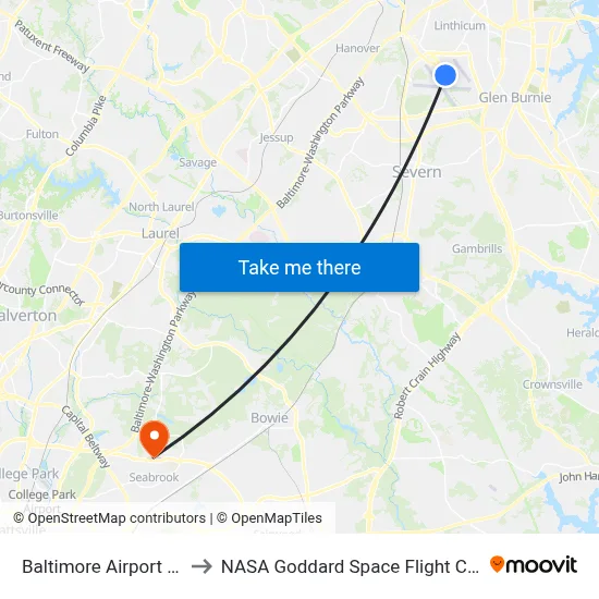 Baltimore Airport BWI to NASA Goddard Space Flight Center map