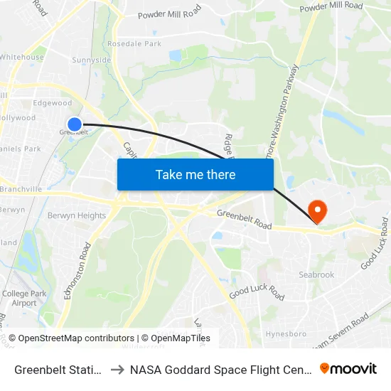 Greenbelt Station to NASA Goddard Space Flight Center map