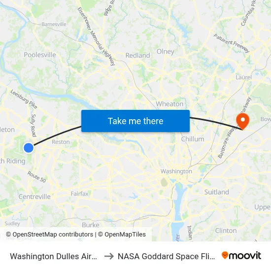 Washington Dulles Airport (IAD) to NASA Goddard Space Flight Center map