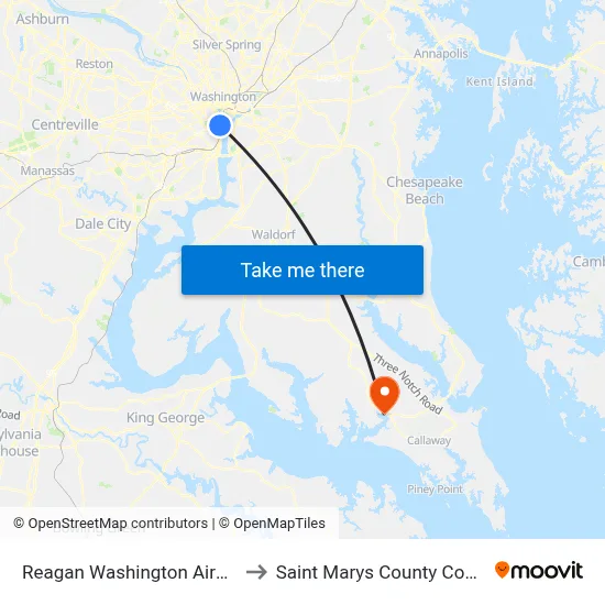 Reagan Washington Airport DCA to Saint Marys County Courthouse map