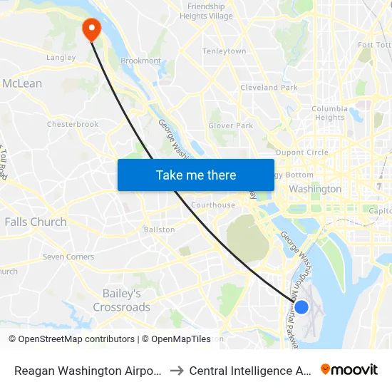 Reagan Washington Airport DCA to Central Intelligence Agency map