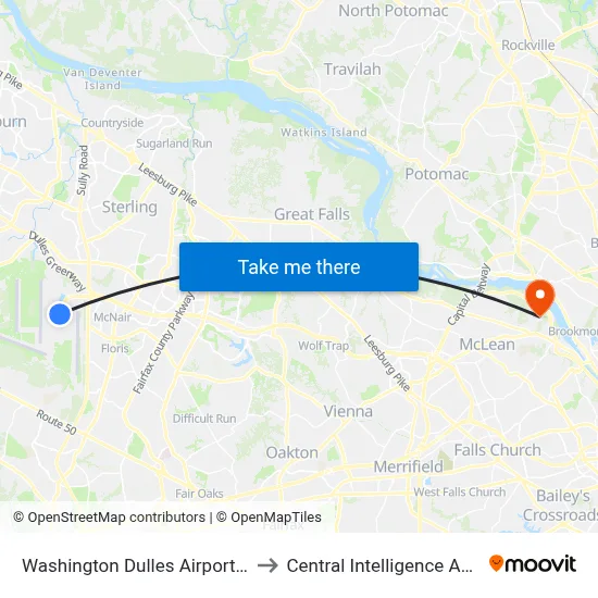 Washington Dulles Airport (IAD) to Central Intelligence Agency map