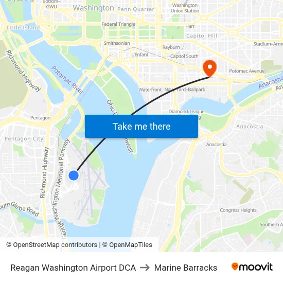 Reagan Washington Airport DCA to Marine Barracks map