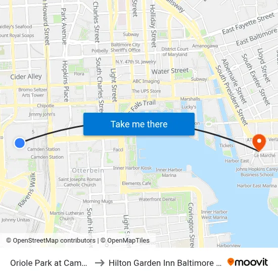 Oriole Park at Camden Yards to Hilton Garden Inn Baltimore Inner Harbor map